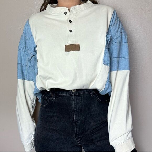 Wrangler Reworked Upcycled Denim Loose Baggy Western Relaxed Two Tone Shirt Top - Picture 4 of 4